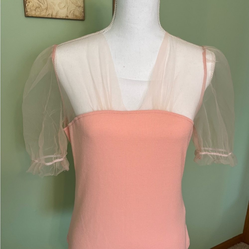 Feminine Pastel Peach Sheer Sleeves & Bodice Blouse - Size L